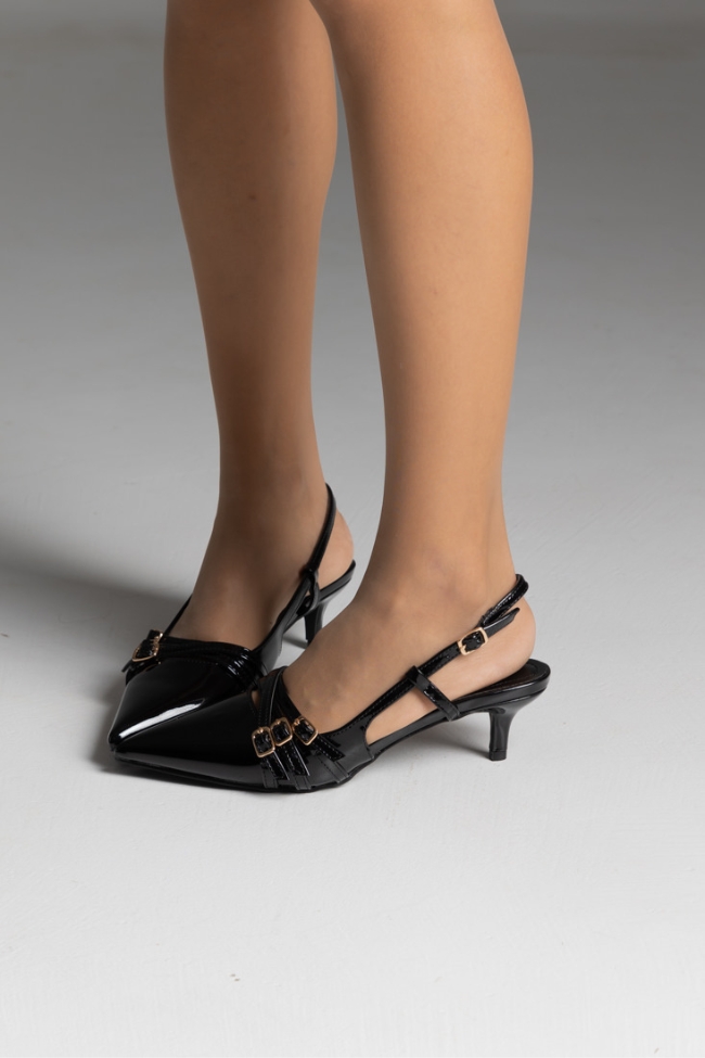 Γόβες λουστρίνι mule με λεπτό τακούνι και διακοσμητικά λουράκια με αγκράφες - Μαύρο - Image 4