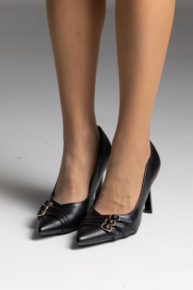 Γόβες δερματίνη με λεπτό τακούνι και διακοσμητικά λουράκια στην μύτη - Μαύρο - Image 2