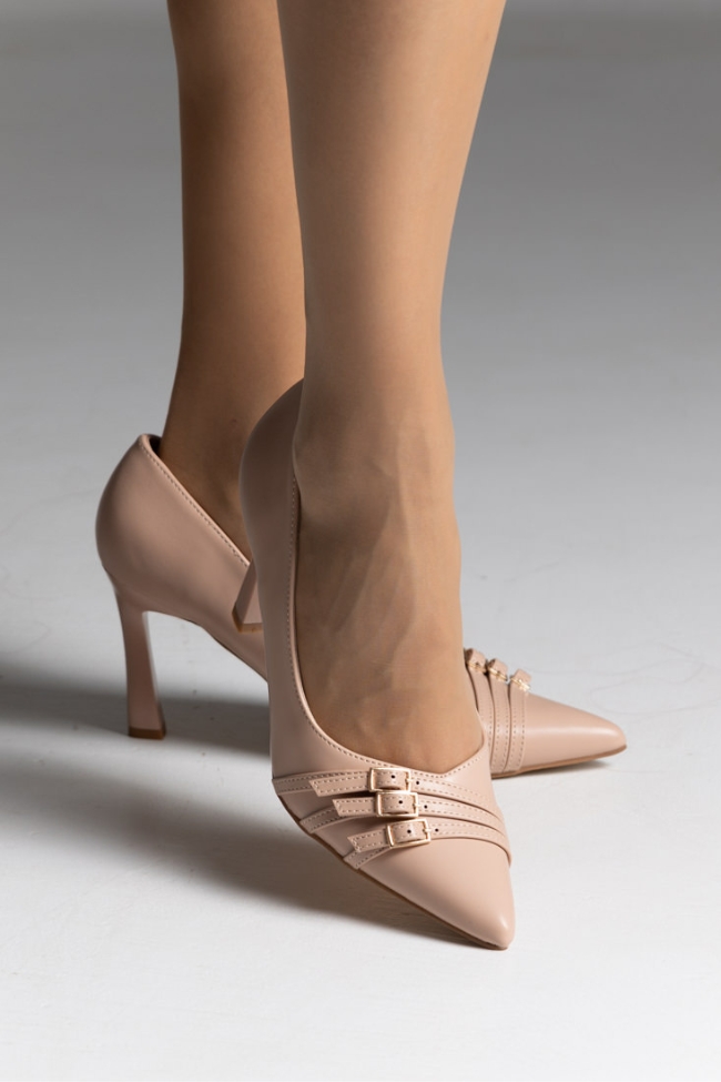 Γόβες δερματίνη με λεπτό τακούνι και διακοσμητικά λουράκια στην μύτη - Μπεζ