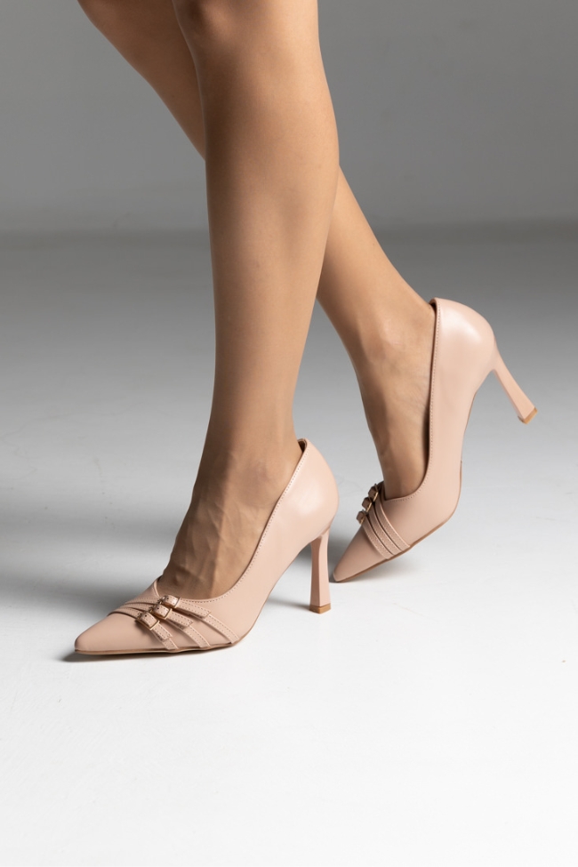 Γόβες δερματίνη με λεπτό τακούνι και διακοσμητικά λουράκια στην μύτη - Μπεζ - Image 4