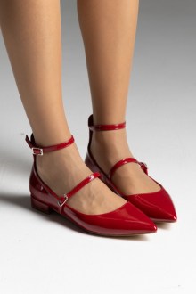 Μπαλαρίνες λουστρίνι flat με δύο λεπτά λουράκια - Κόκκινο