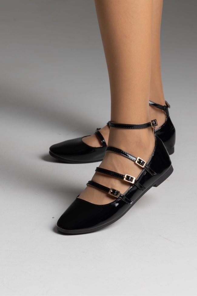 Μπαλαρίνες λουστρίνι flat με λεπτά λουράκια και αγκράφες - Μαύρο - Image 4