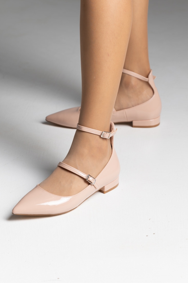 Μπαλαρίνες λουστρίνι flat με δύο λεπτά λουράκια - Μπέζ