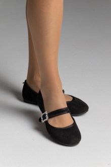 Μπαλαρίνες suede με μπαρέτα και strass στο κούμπωμα - Μαύρο