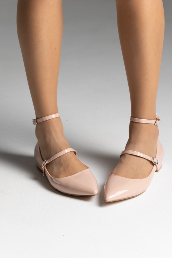 Μπαλαρίνες λουστρίνι flat με δύο λεπτά λουράκια - Μπέζ - Image 3