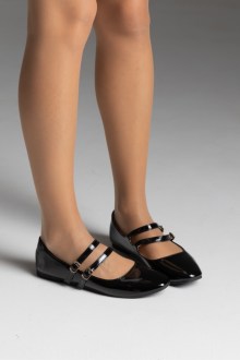 Μπαλαρίνες λουστρίνι flat με διπλή μπαρέτα - Μαύρο