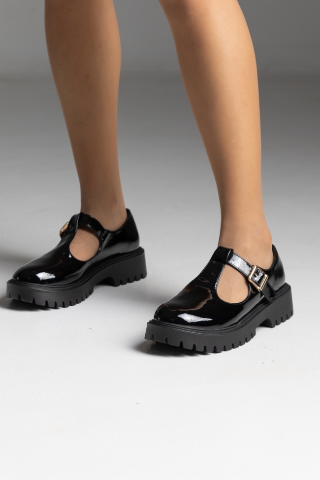 Chunky loafers λουστρίνι με λουράκι στο κουτεπιέ και χρυσή αγκράφα και τρακτερωτό πάτο - Μαύρο - Image 3