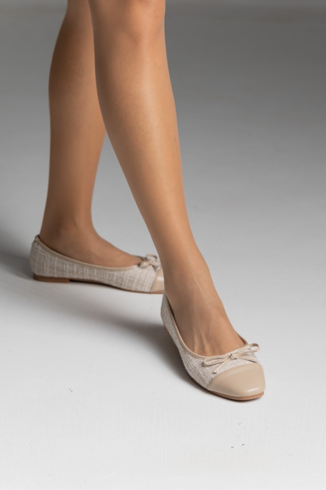 Μπαλαρίνες σε δερματίνη με υφασμάτινες λεπτομέρειες και διακοσμητικό φιόγκο - Μπέζ - Image 5