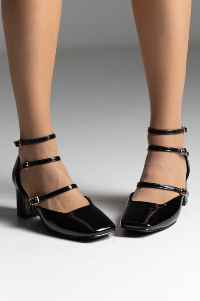 Γόβες λουστρίνι με χοντρό τακούνι και λεπτά λουράκια - Μαύρο - Image 4