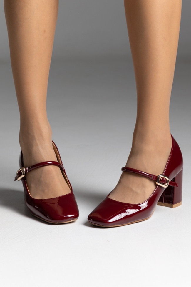 Γόβες λουστρίνι με χοντρό τακούνι και μπαρέτα - Μπορντό - Image 4