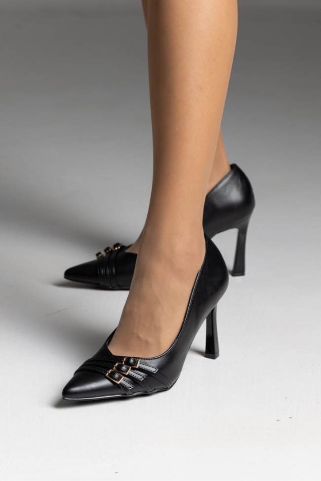 Γόβες δερματίνη με λεπτό τακούνι και διακοσμητικά λουράκια στην μύτη - Μαύρο - Image 3