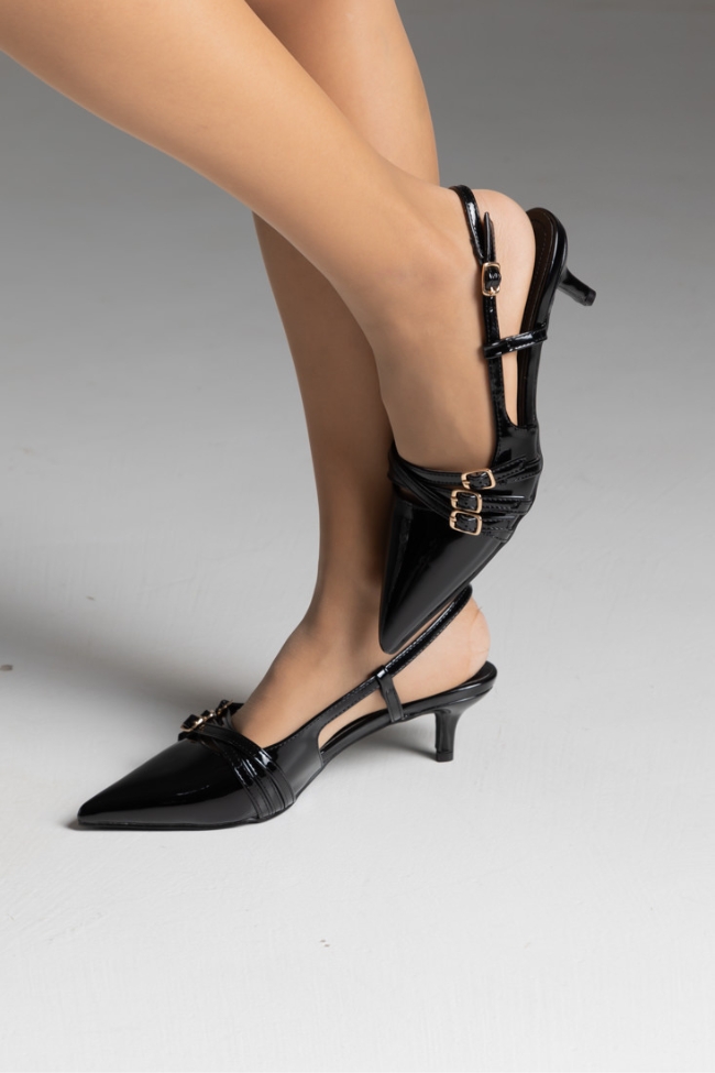 Γόβες λουστρίνι mule με λεπτό τακούνι και διακοσμητικά λουράκια με αγκράφες - Μαύρο - Image 2