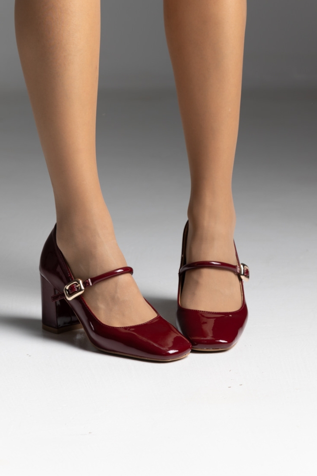 Γόβες λουστρίνι με χοντρό τακούνι και μπαρέτα - Μπορντό - Image 2