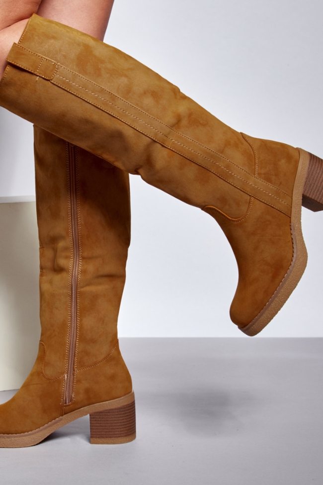 Μπότα suede με χοντρό τακούνι - Κάμελ