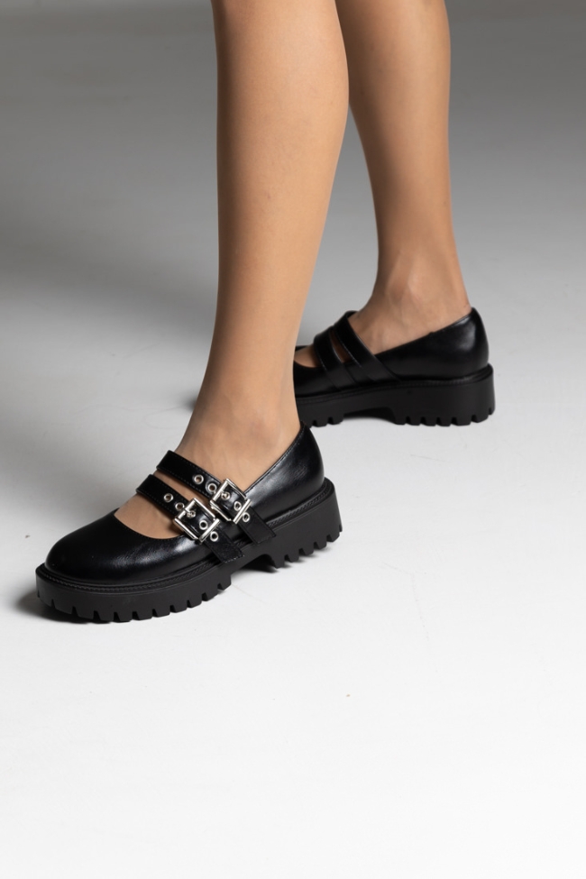 Loafers δερματίνη με διπλό λουράκι στο κουτεπιέ και αγκράφες - Μαύρο - Image 5