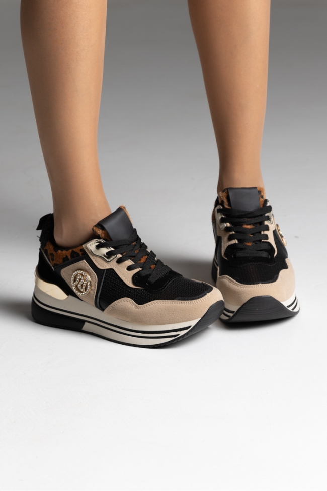 Sneakers Δίσολα με λεοπάρ λεπτομέρειες και διακοσμητικές πούλιες - Μαύρο - Image 3