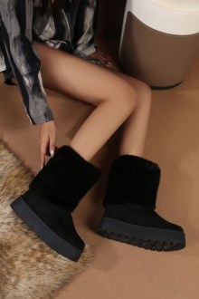 Γυναικεία μποτάκια με εσωτερική επένδυση γούνας και εξωτερική επένδυση γούνας - Μαύρο