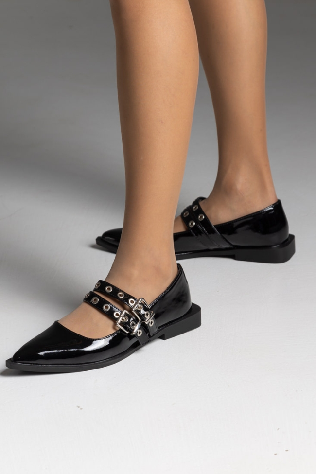 Μπαλαρίνες λουστρίνι μυτερή με διπλό λουράκι - Μαύρο - Image 2