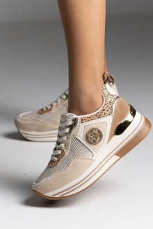 Sneakers Δίσολα με λεοπάρ λεπτομέρειες και διακοσμητικές πούλιες - Μπέζ