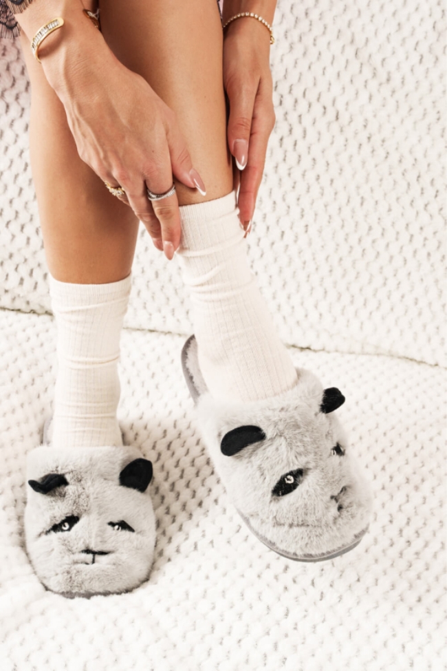 Γούνινες Παντόφλες Panda – Γκρίζο