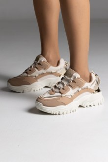 Sneakers δερματίνη με διακοσμητικά strass με συνδυασμό υφασμάτων - Σκούρο Μπέζ