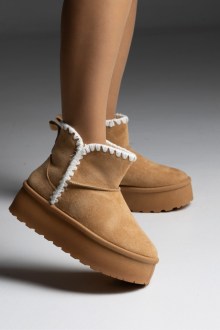 Γυναικεία μποτάκια με εσωτερική επένδυση γούνας - Κάμελ