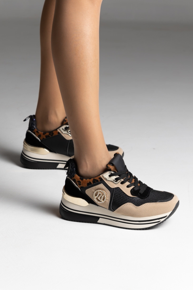 Sneakers Δίσολα με λεοπάρ λεπτομέρειες και διακοσμητικές πούλιες - Μαύρο - Image 4
