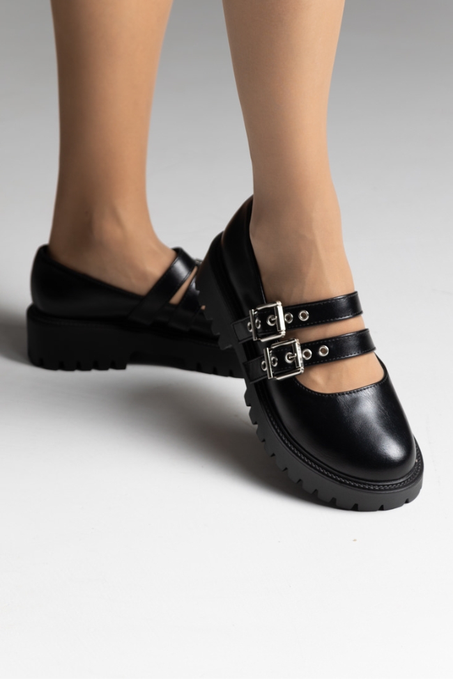 Loafers δερματίνη με διπλό λουράκι στο κουτεπιέ και αγκράφες - Μαύρο