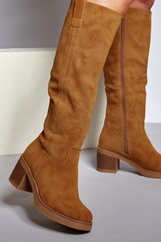 Μπότα suede με χοντρό τακούνι - Κάμελ - Image 6