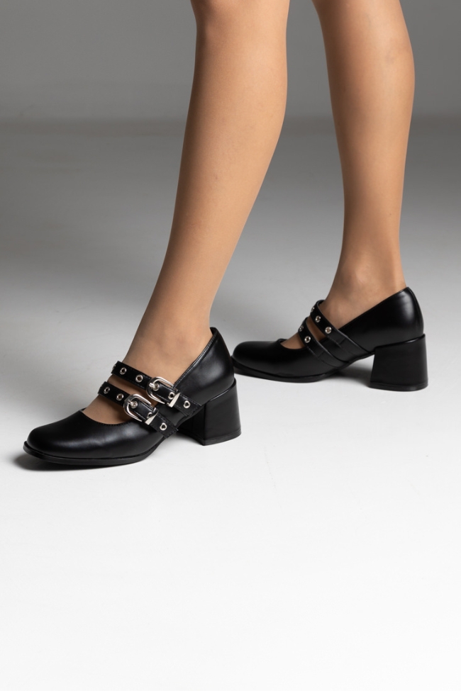 Γόβες με χοντρό τακούνι και διπλό λουράκι με τρουκς - Μαύρο