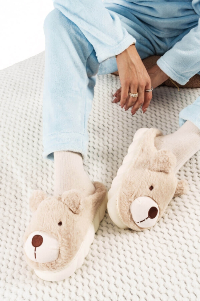 Γούνινες Παντόφλες Αρκουδάκι – Μπέζ