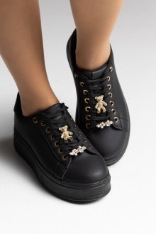 Flatforms sneakers με strass διακοσμητικά στα κορδόνια - Μαύρο