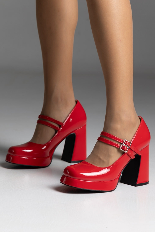 Γυναικείες γόβες με χοντρό τακούνι και διπλή μπαρέτα - Κόκκινο - Image 7