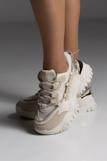 Sneakers δερματίνη με διακοσμητικά strass με συνδυασμό υφασμάτων - Μπέζ