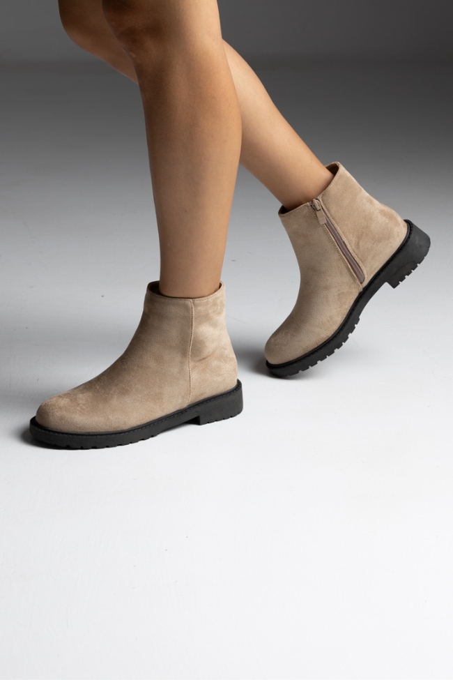Μποτάκια με δερμάτινο πάτο- Μπέζ - Image 3