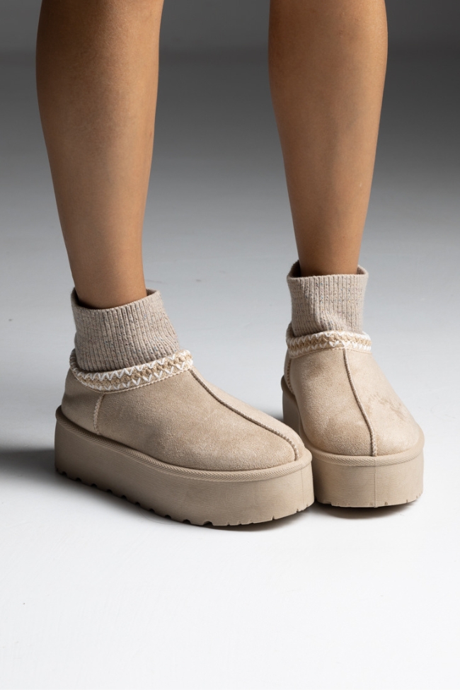 Μποτάκια Κάλτσα με Εσωτερική Επένδυση Γούνας - Μπέζ - Image 4