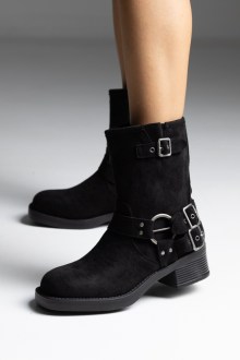 Μποτάκια biker suede με κρίκο - Μαύρο