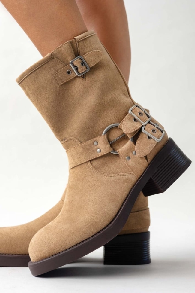 Μποτάκια biker suede με κρίκο - Μπέζ - Image 3