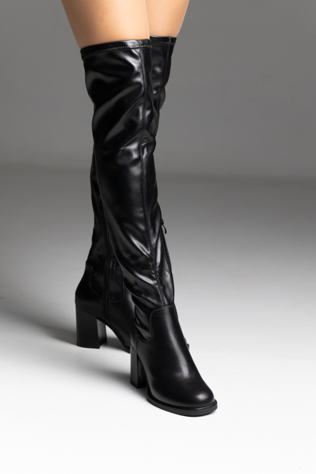 Μπότα Over the Knee με χοντρό τακούνι - Μαύρο - Image 2