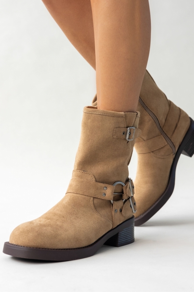 Μποτάκια biker suede με κρίκο - Μπέζ - Image 2