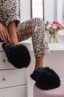 Παντόφλες με Πλούσια Γούνα - Μαύρο
