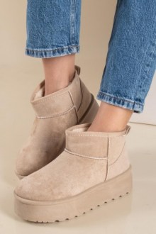Μποτάκια Ψηλή flatform σόλα με Εσωτερική Επένδυση Γούνας - Μπεζ