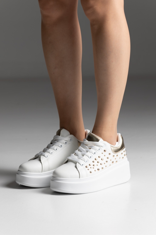 Sneakers Δίσολα με Διακοσμητικά Τρουκς - Λευκό / Χρυσό - Image 5