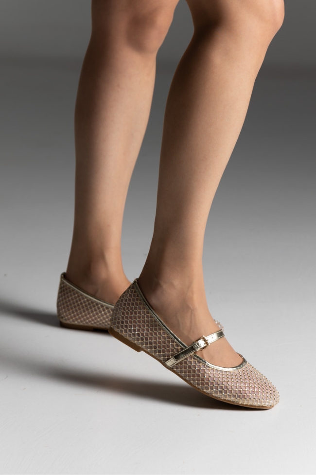 Μπαλαρίνες Γυναικείες με δίχτυ και διακοσμητικά strass – Χρυσό