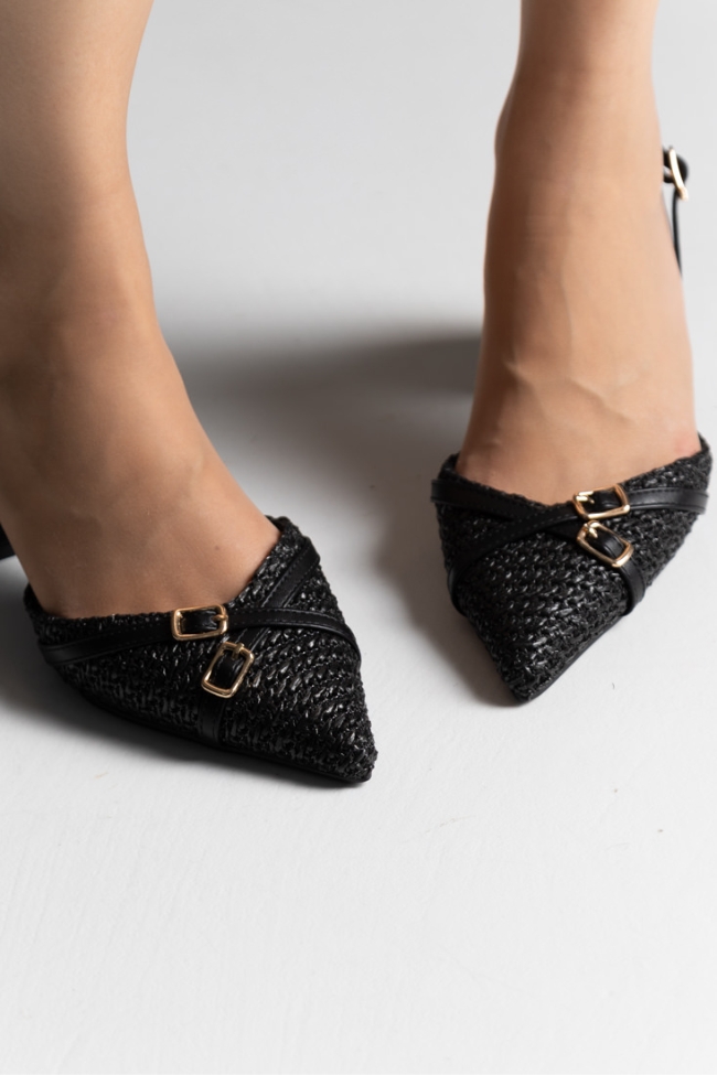 Openheel γόβες με ψάθινη πλέξη και χιαστί λουράκι - Μαύρο - Image 4