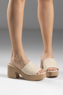 Πέδιλο ψάθινο mule με χοντρό τακούνι- Μπεζ