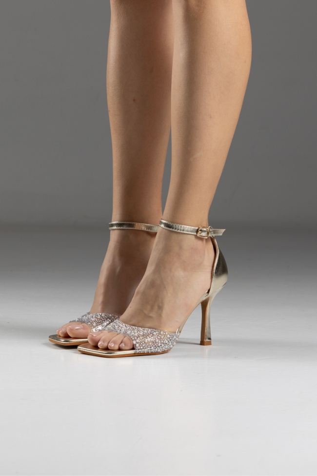 Πέδιλο με λεπτό τακούνι , διαφάνεια στα δάχτυλα με strass και πέρλες - Χρυσό - Image 2