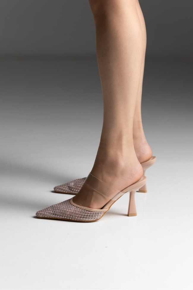 Αέρινα Mules με Διαφάνεια και διακοσμητικά strass - Μπέζ - Image 2
