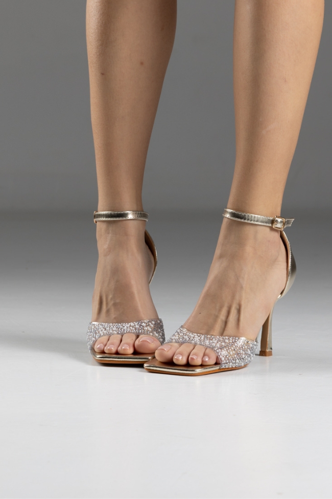 Πέδιλο με λεπτό τακούνι , διαφάνεια στα δάχτυλα με strass και πέρλες - Χρυσό