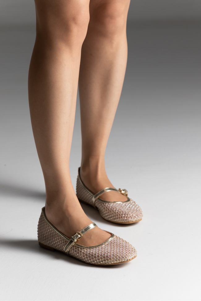 Μπαλαρίνες Γυναικείες με δίχτυ και διακοσμητικά strass – Χρυσό - Image 4